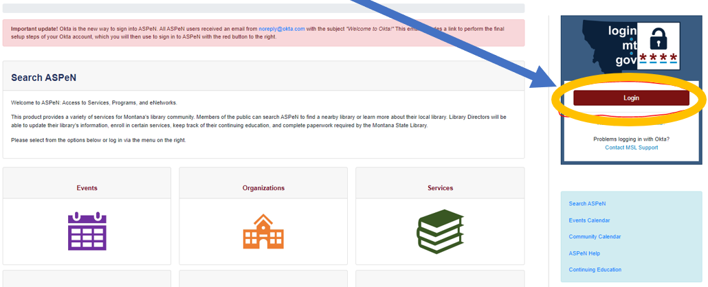 Image of the login area for ASPeN with a yellow circle around the login button and a blue arrow pointing to it. 
