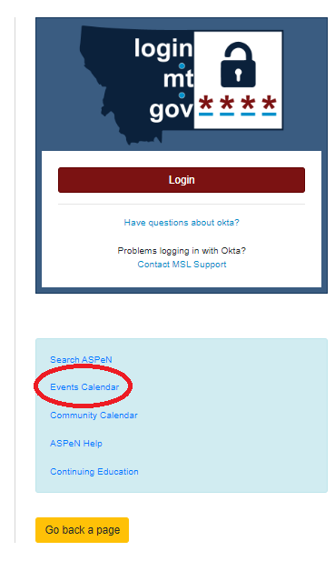 The side bar of the ASPeN page with the link to the events calendar circled in red.