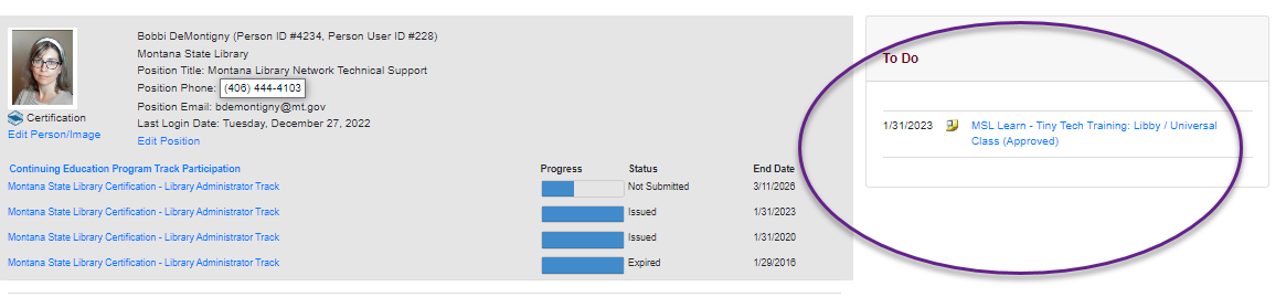 Screenshot of the To Do list on a users page.