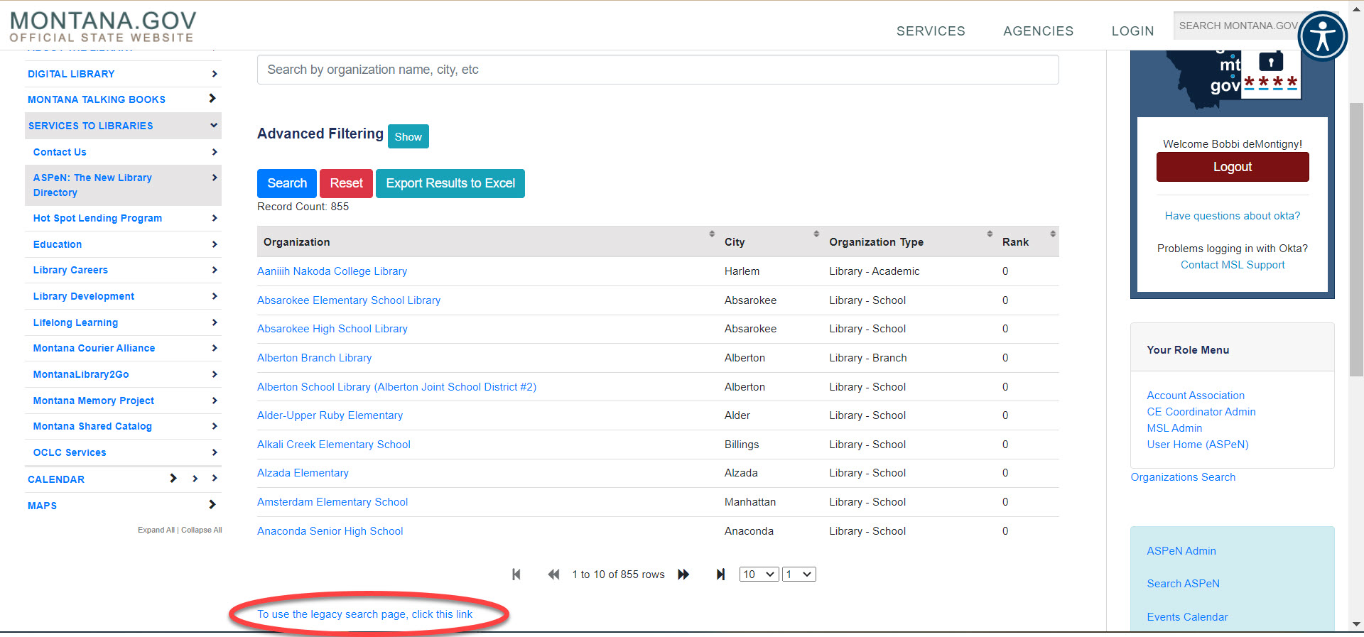 An image of where the legacy search is located on the bottom of the Organizations search page. 