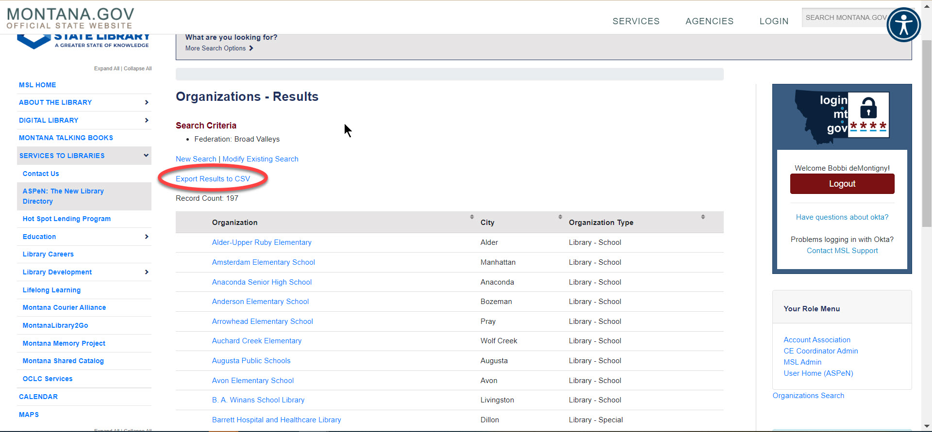 Image of the Save to CSV link on the federation search