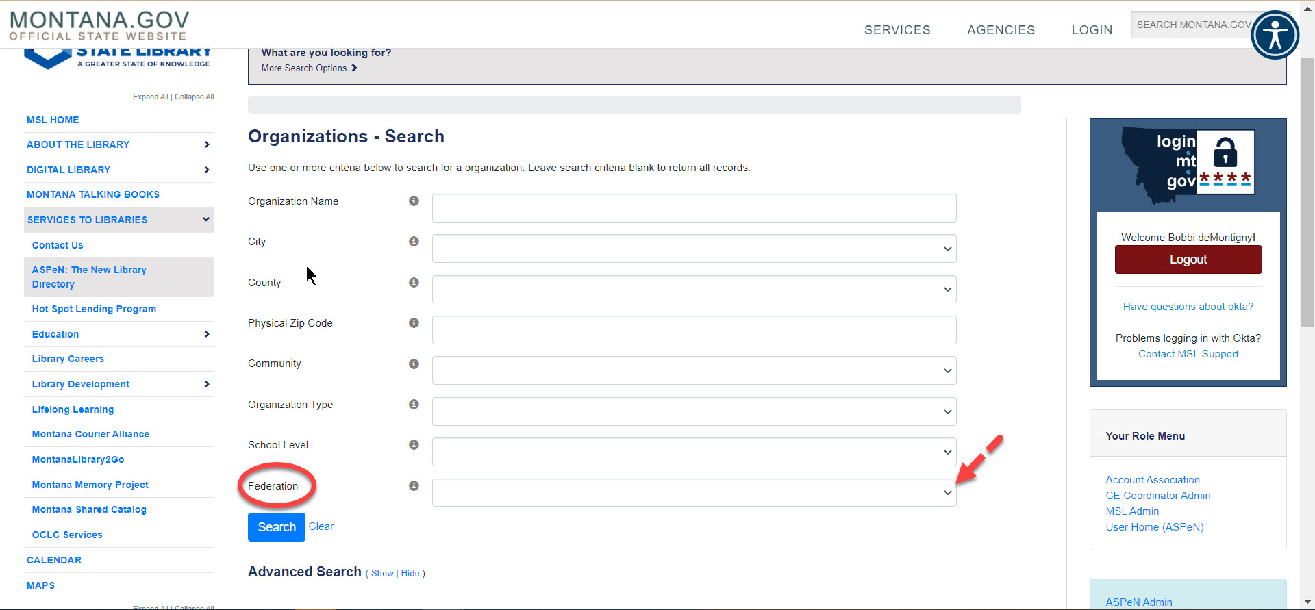 An image of the dropdown menu in the legacy search for Federations