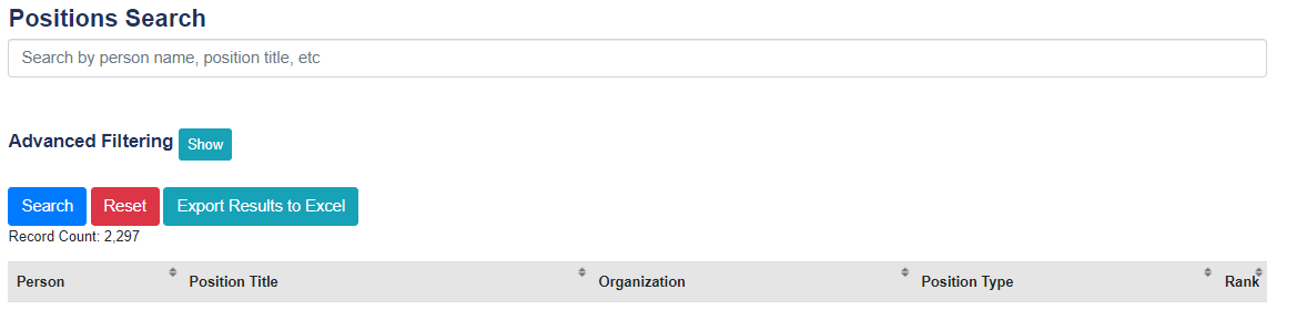 Screenshot of the Positions Search field