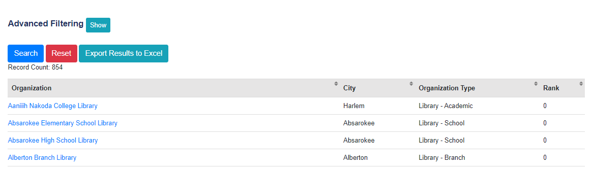 Image of the Advanced Filtering screen