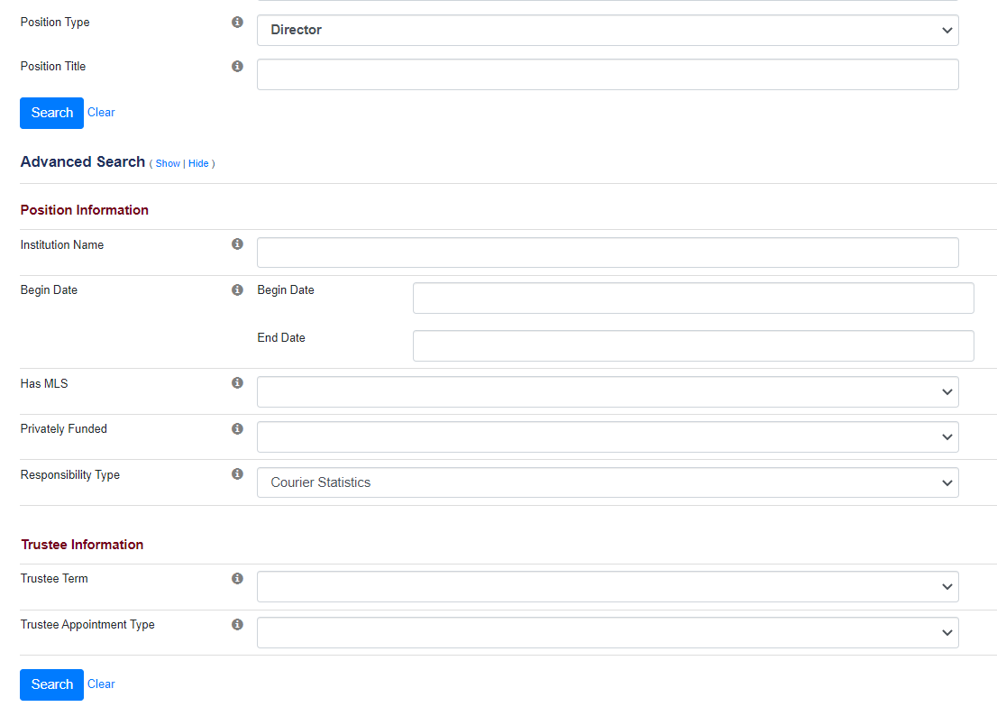 Screenshot of a search by position and responsibility type. 