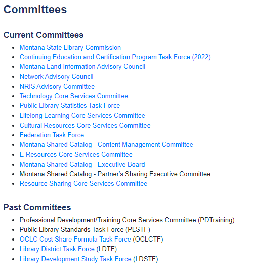 Screenshot of the current and past committee links in ASPeN