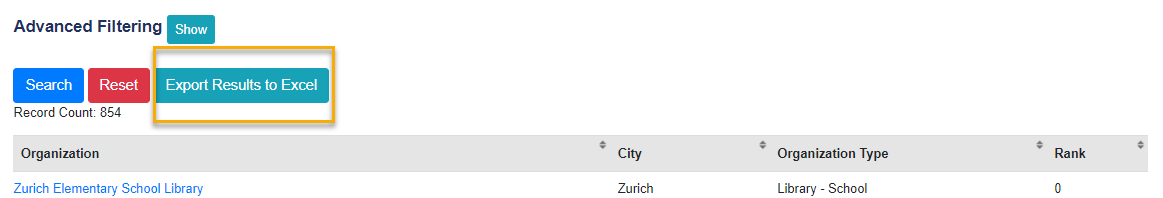 Screenshot of the Export Results to Excel button on the Advanced Filtering page.