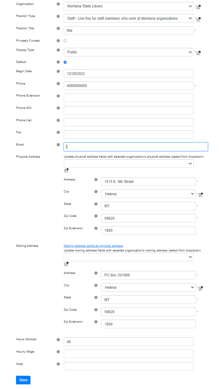Image of fields that must be filled out to create position details in ASPeN