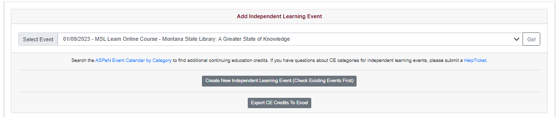 Image of the screen to add an independent learning event on the CE dashboard. 
