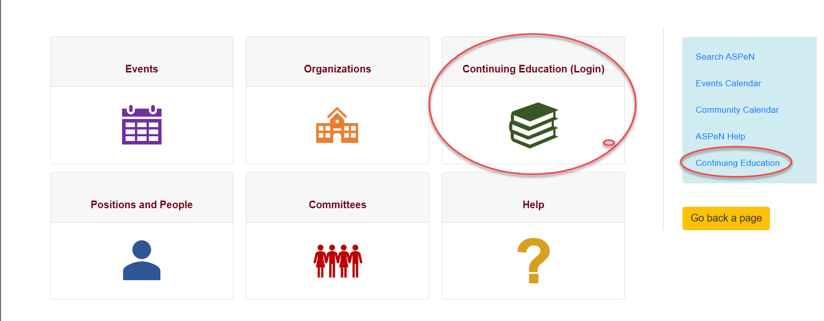 Screen shot of the Search ASPeN page with Continuing Education circled in red. 