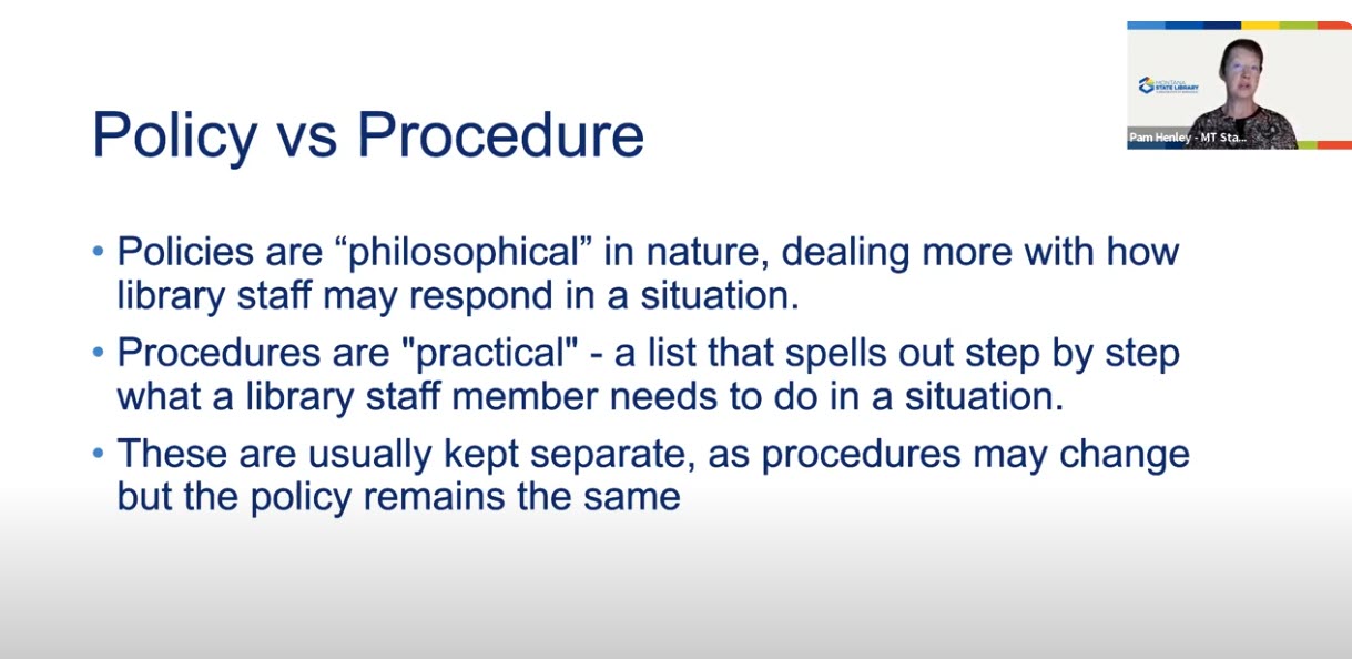 screenshot of slide describing policy and procedure differences