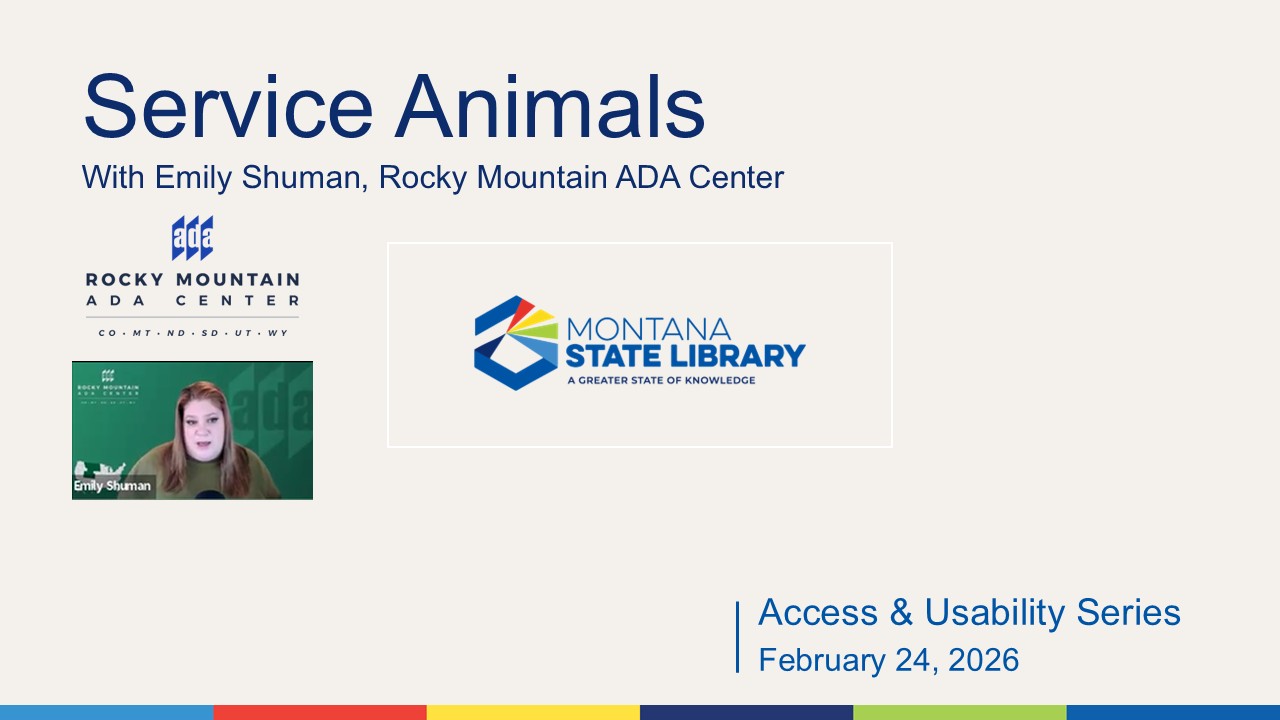 Title slide for webinar entitled Service Animals with Emily Shuman Rocky Mountain ADA center