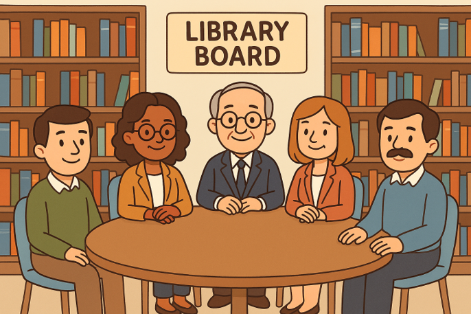 five people sitting around a table with a sign that says library board in front of bookshelves