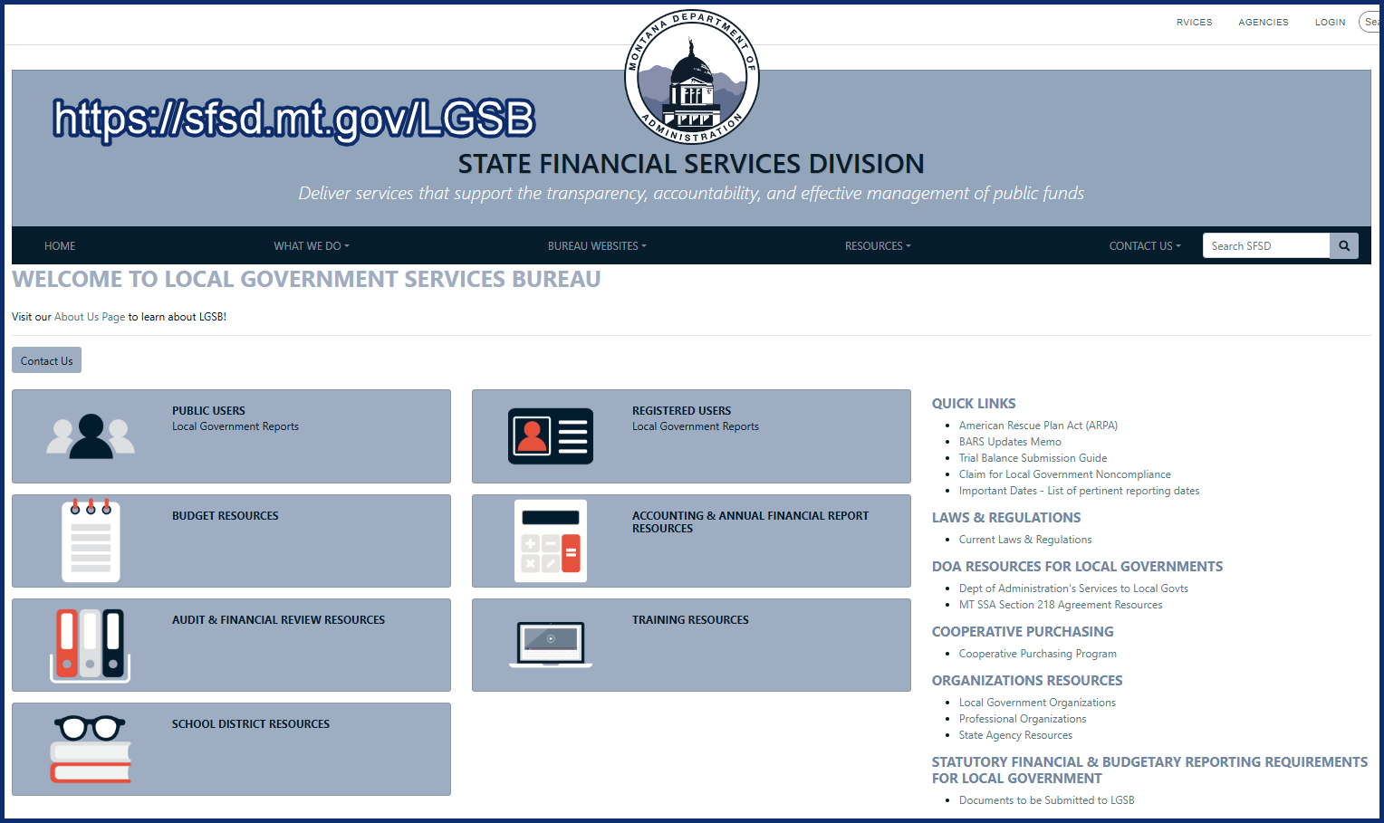 screenshot of the State of Montana Financial Services website with headings for various services.