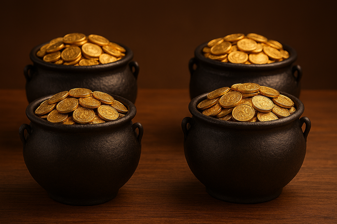 4 pots of gold coins - image generated by Copilot