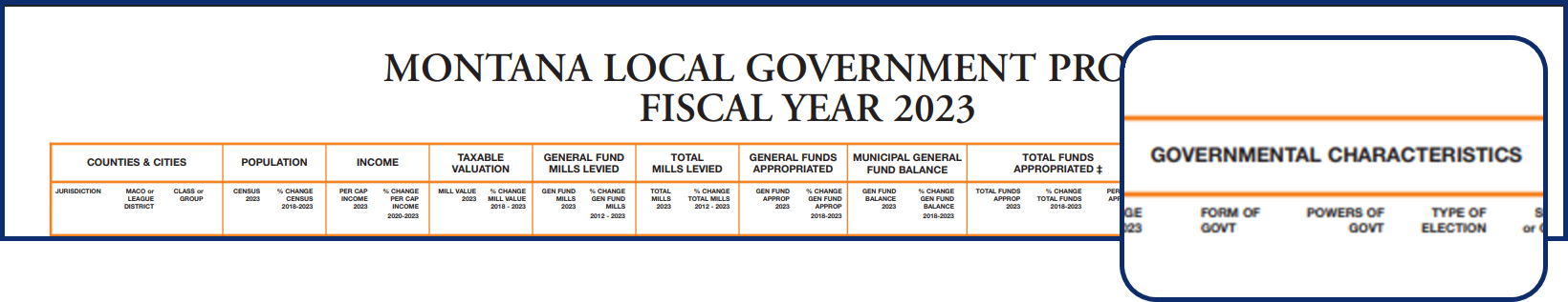 Highlight of headers in MT Local Government Profile document, magified Form of Govt and Power of Govt