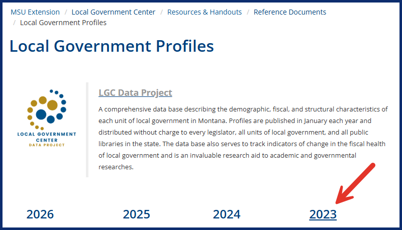 screenshot of the Local Government center profiles webpage with arrow pointing to 2023. The linked chart has detail of forms.