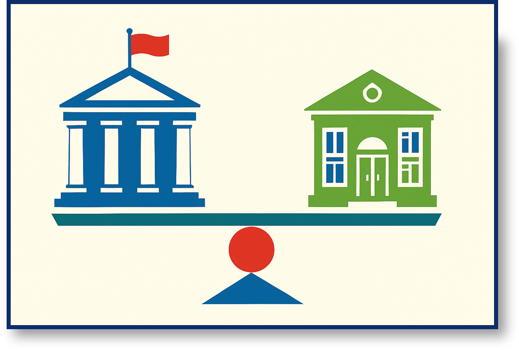 illustration of 2 buildings balanced on a center fulcrum
