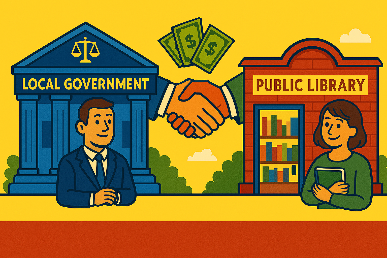 a local government building, library, a man and a woman with hands shaking under some money