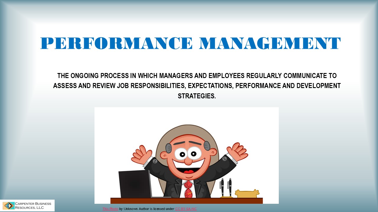 Title slide for performance management webinar with cartoon man at desk with raised arms.